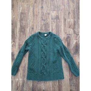 L.L. Bean Women's Double Cable Crewneck Sweater Size Large Organic Cotton - Teal